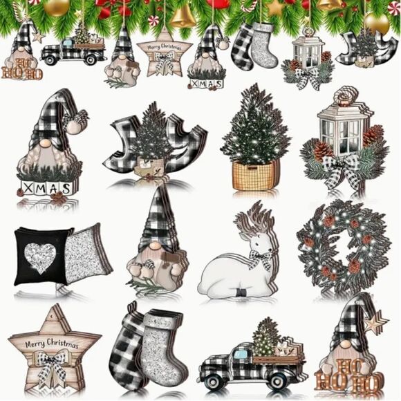 NEW! Set of 12 Black White Buffalo Plaid Wooden Christmas Tree Ornaments Holiday - Picture 1 of 3